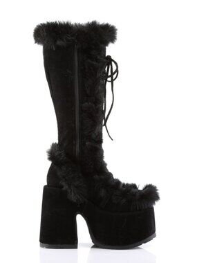 Black Vegan Suede Knee-High Boots with Faux Fur Trim and Full Inner Side Zip